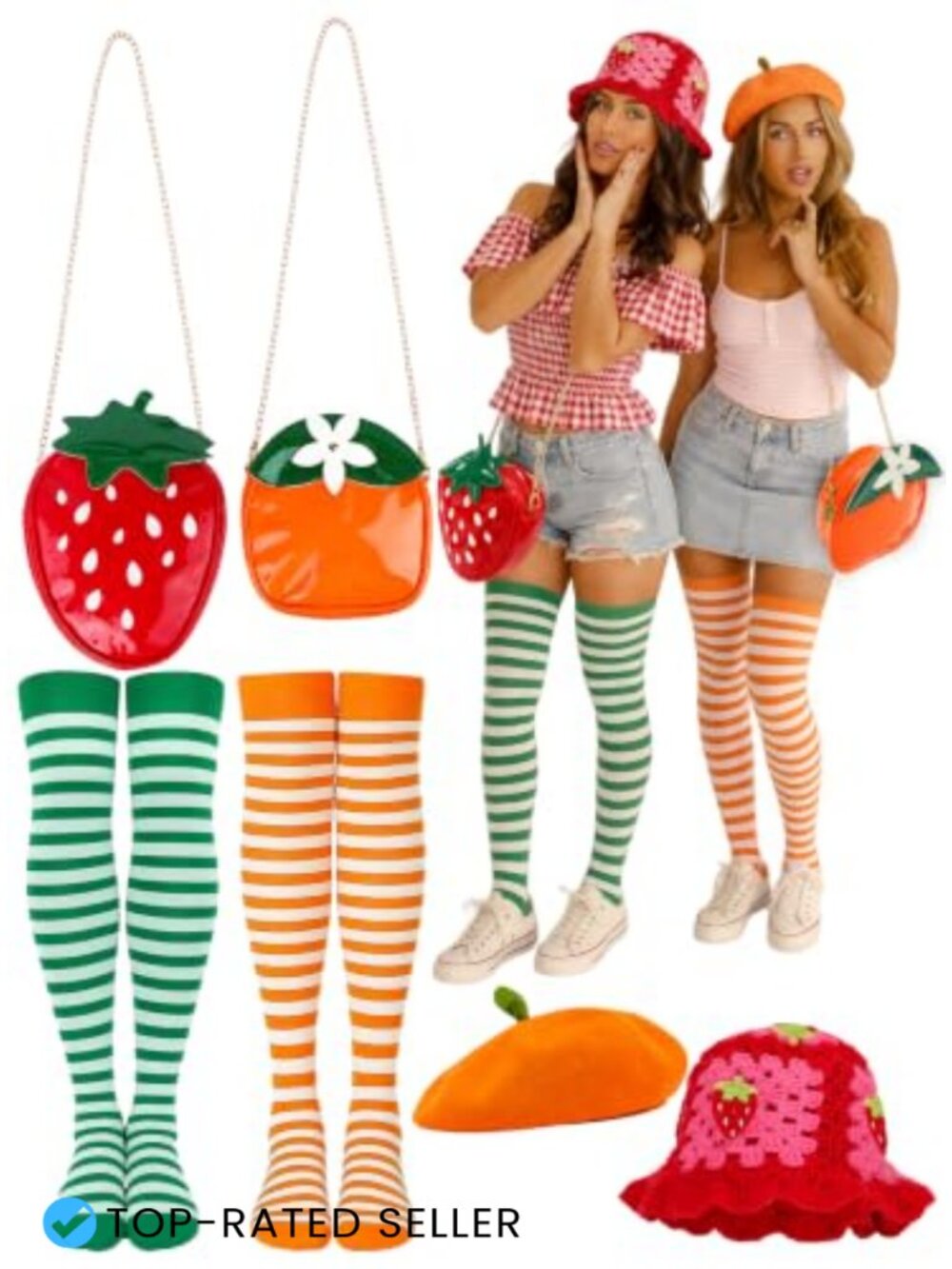 Strawberry Orange Fruit Duo Costume Set Y2K Knit Dress Up 2 Pack